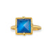 A square-cut moonstone ring in a yellow gold setting, shown on a plain white background.