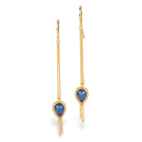 A pair of gold drop earrings with teardrop-shaped Sapphire gemstones and dangling chain details, shown on a plain white background.