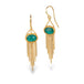A pair of gold dangle earrings with oval emerald gemstones and cascading gold chain fringe, shown on a clean white background.