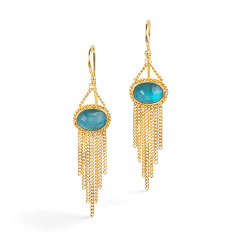Gold earrings featuring paraiba kyanite gemstones and gold chain tassels, shown against a white background.
