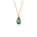 Handcrafted gold necklace with a one-of-a-kind emerald teardrop pendant on a white background.