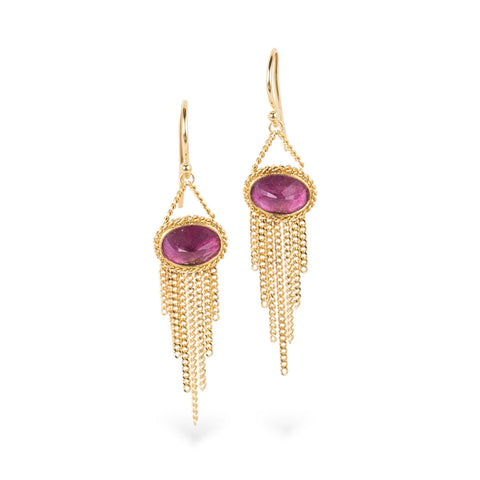 Gold earrings with pink tourmaline gemstones on a white background