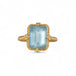 18k gold ring with a rectangular aquamarine gemstone on a white background.