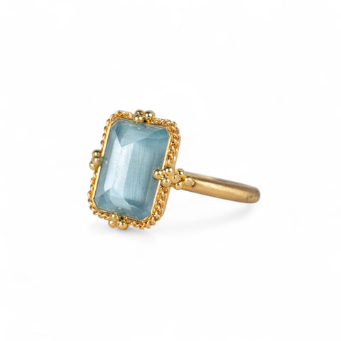 18k gold ring with a rectangular aquamarine gemstone on a white background.
