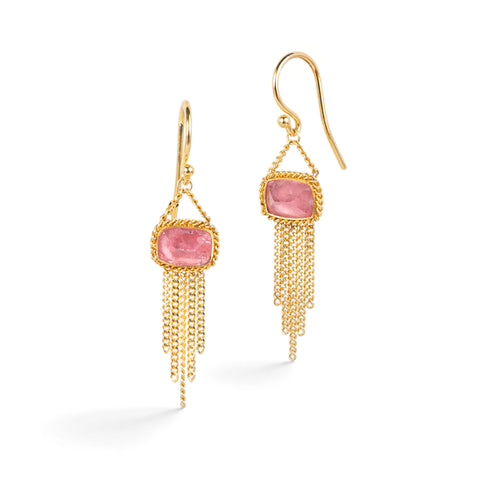 Gold earrings featuring rhodochrosite gemstones and gold chain tassels, shown against a white background.