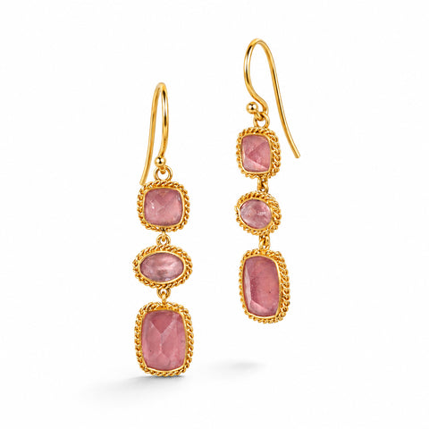 Gold earrings featuring a trio of rhodochrosite gemstones in varying shapes, shown on a white background.