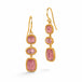 Gold earrings featuring a trio of rhodochrosite gemstones in varying shapes, shown on a white background.
