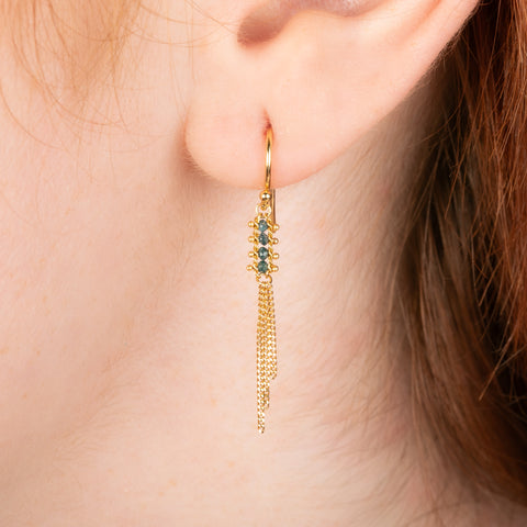 Gold earrings featuring rows of small blue diamonds and tassels made of gold chains streaming below them.