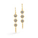 Gold earrings featuring trios of shimmering grey diamonds, shown against a white background.