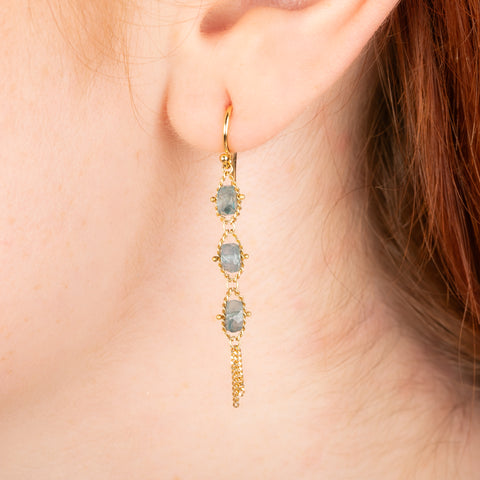 Gold earrings featuring trios of kyanite beads, shown worn in a person's ear.