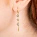 Gold earrings featuring trios of kyanite beads, shown worn in a person's ear.