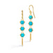 Gold earrings featuring trios of sleeping beauty turquoise gemstones, shown against a white background.