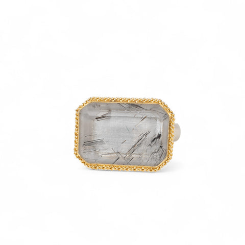 Handmade fine jewelry tourmalated quartz ring in 18k gold and sterling silver
