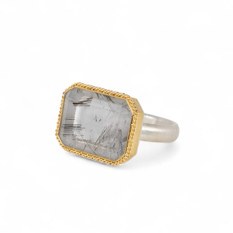 Handmade fine jewelry tourmalated quartz ring in 18k gold and sterling silver