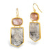 A pair of gold drop earrings featuring a faceted pink moonstone at the top and a tourmalated quartz stone with visible black inclusions, set in gold bezels.