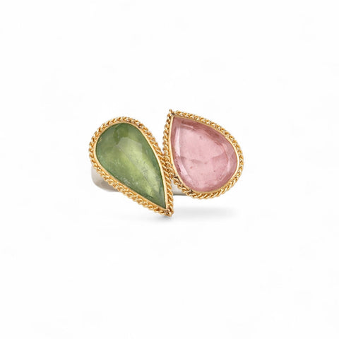 Tourmaline ring featuring green and pink tourmaline and silver band