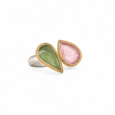 Tourmaline ring featuring green and pink tourmaline and silver band