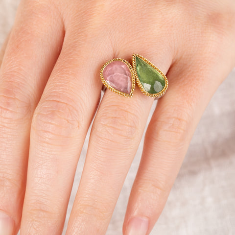 Tourmaline ring featuring green and pink tourmaline and silver band