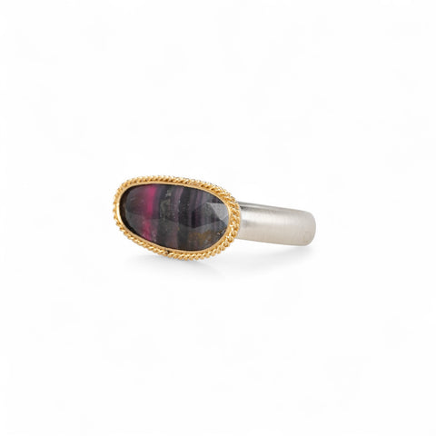 Watermelon tourmaline ring with gold bezel and silver band