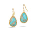 Gold earrings featuring turquoise gemstones, shown against a white background.
