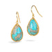 Gold earrings featuring turquoise gemstones, shown against a white background.