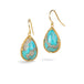 Gold earrings featuring turquoise gemstones, shown against a white background.