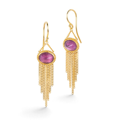 Gold earrings featuring vibrant umbalite garnet gemstones, shown against a white background.