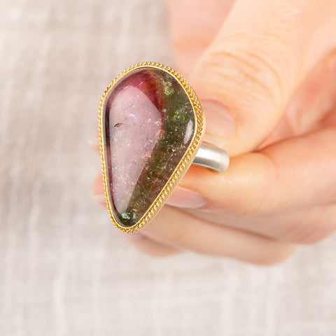 Watermelon Tourmaline Teardrop Ring in Sterling Silver and 18k Gold
