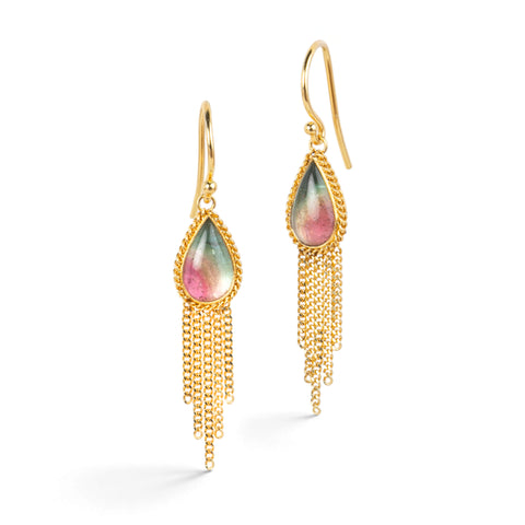 Gold earrings featuring watermelon tourmaline earrings, shown against a white background.