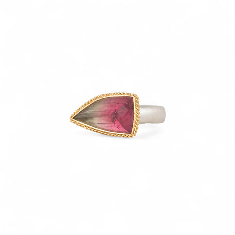 Watermelon tourmaline ring with gold bezel and silver band