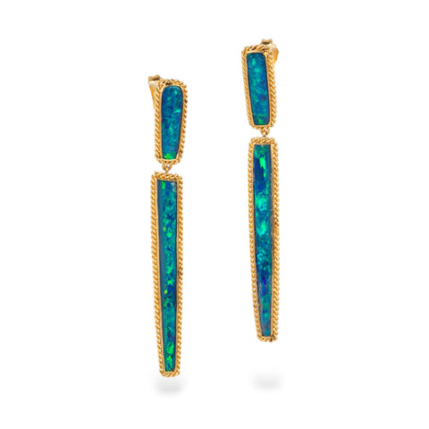 A pair of gold post earrings with Australian opal doublets, set against a plain white background.