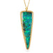 Triangle-shaped boulder opal stone pendant with a gold setting on a white background