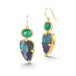 Gold earrings featuring boulder opals and emeralds against a white backdrop