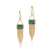 A pair of gold drop earrings featuring rectangular boulder opal stones and cascading gold fringe, shown against a plain white background.