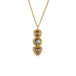 Gold necklace with a pendant featuring three different colored Diamonds on a white background