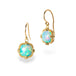Gold earrings with Ethiopian opals on a white background