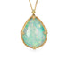 Ethiopian opal teardrop pendant necklace with gold setting on a white background