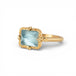 Gold ring with a blue aquamarine stone on a white background