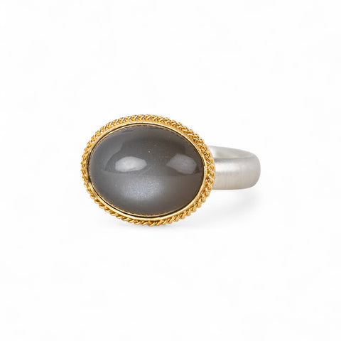 Grey Moonstone Ring in Sterling Silver and 18k Gold