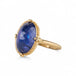 Gold ring with a large tanzanite gemstone on a white background