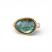Ring with a gold bezel, silver band and labradorite stone on a white background