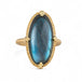 Gold ring with a labradorite stone on a white background