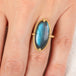 Gold ring with a labradorite stone on a person's finger