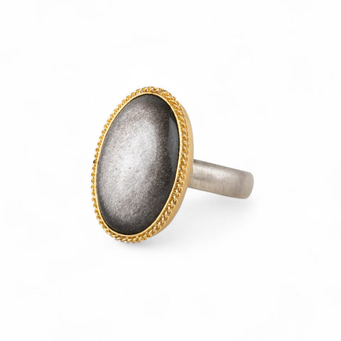 Obsidian ring with gold setting and silver band on a white background