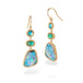 Gold earrings with apatite, emerald and boulder opal gemstones on a white background