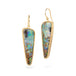 Boulder opal earrings with gold settings on a white background