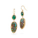 Pair of gold earrings with emerald and opalized wood stones on a white background