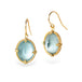 Gold earrings with light blue aquamarine gemstones on a white background