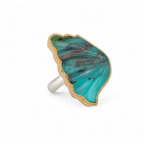 Peruvian opal wing ring with gold bezel and silver band