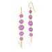 A pair of gold dangle earrings with five purple phosphosiderite stones of varying sizes, against a plain white background.